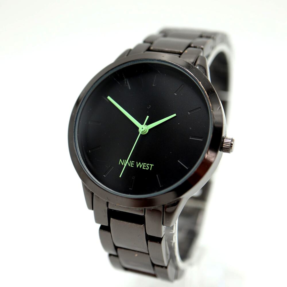 Nine West Black Green Tone Womens Watch 36mm Metal Bracelet with New Battery